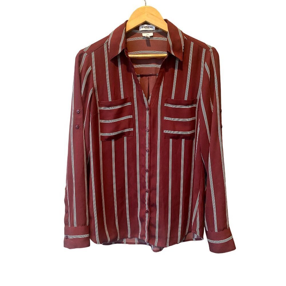 Express Portofino Slim Fit Stripe Print Size M Button Down Long Sleeve Top Blous